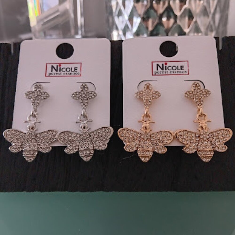 NICOLE Mod/Contemporary Lucky Clover & Queen Bee Silver Clear Crystal Earrings - Picture 4 of 6